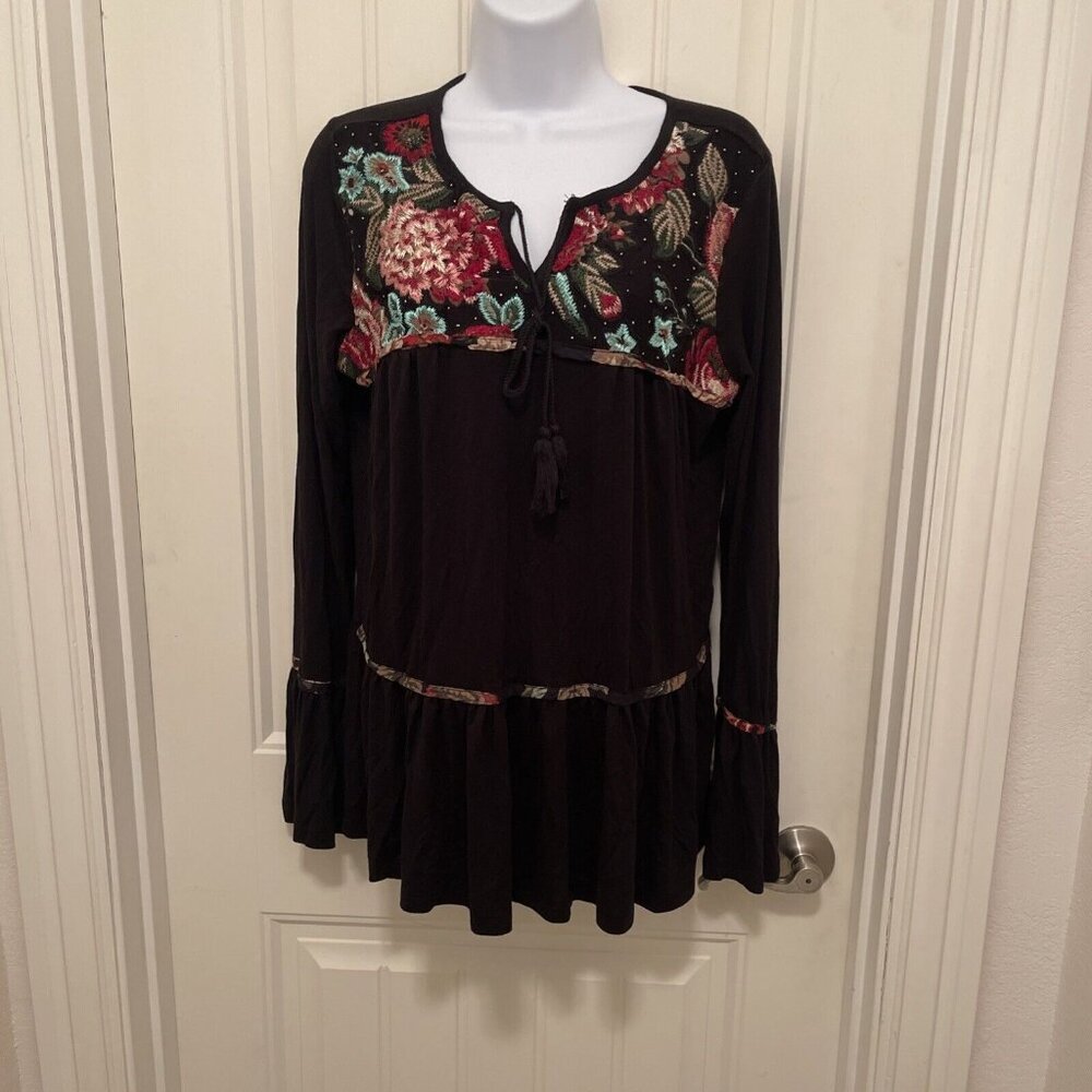 Hannah Black Top Pink‎ Blue Floral Embroidery & Beaded ,Tassel Boho Women Sz L